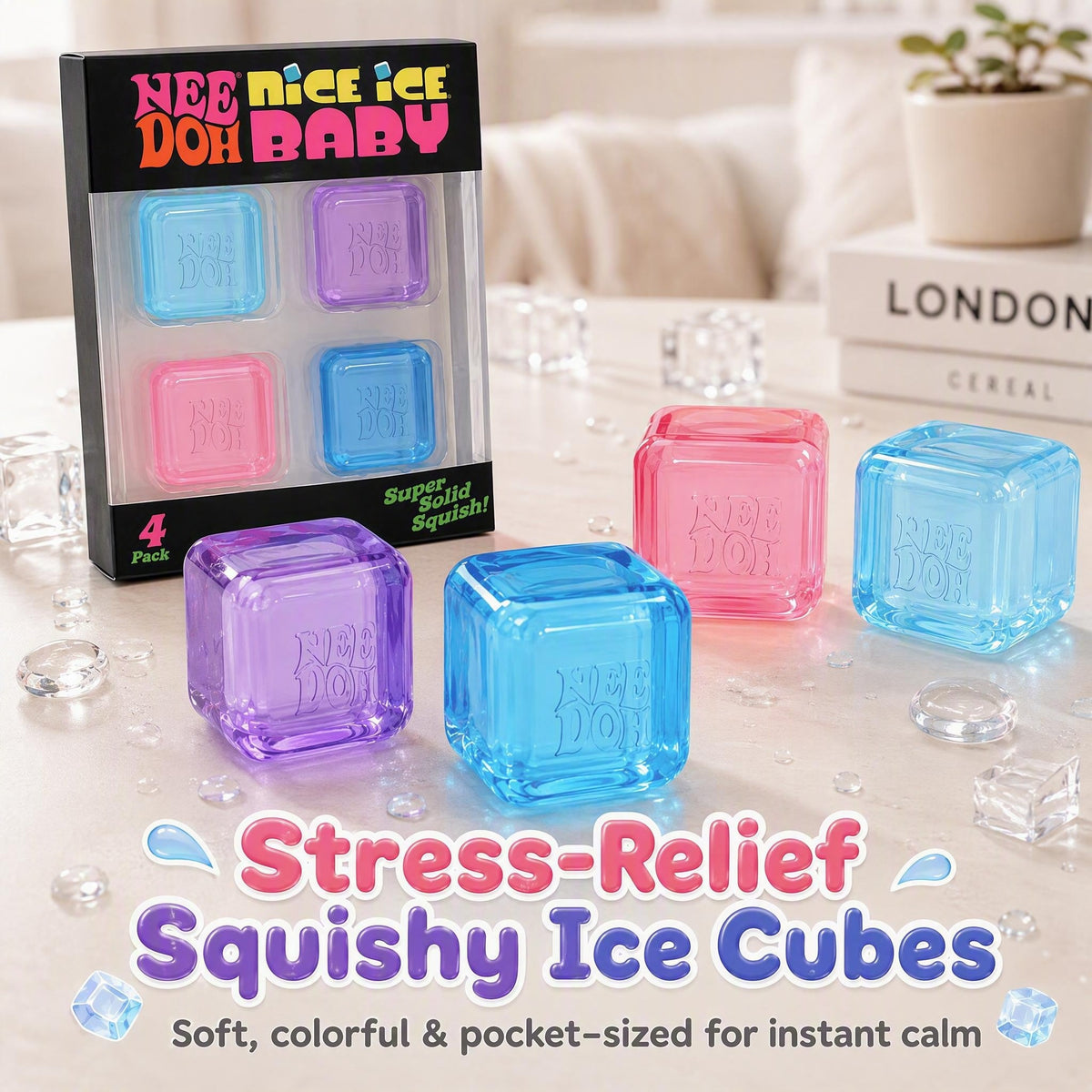 Ice Cube Squishy Toy – Crystal-Clear Jelly-Like Quick-Rebound Stress Relief Squeeze Set (4 Cubes, 4 Colors)