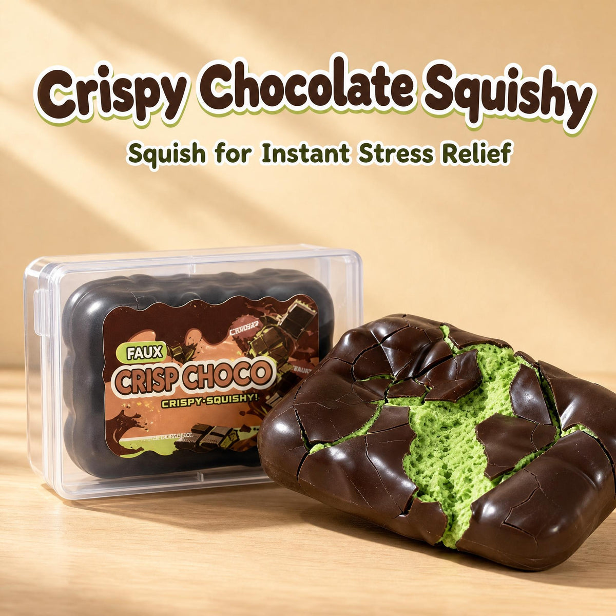 Crispy Chocolate Squishy Toy – Crackling-Shell Chocolate-Bar Shaped Stress Relief Squeeze Toy in Plastic Gift Box