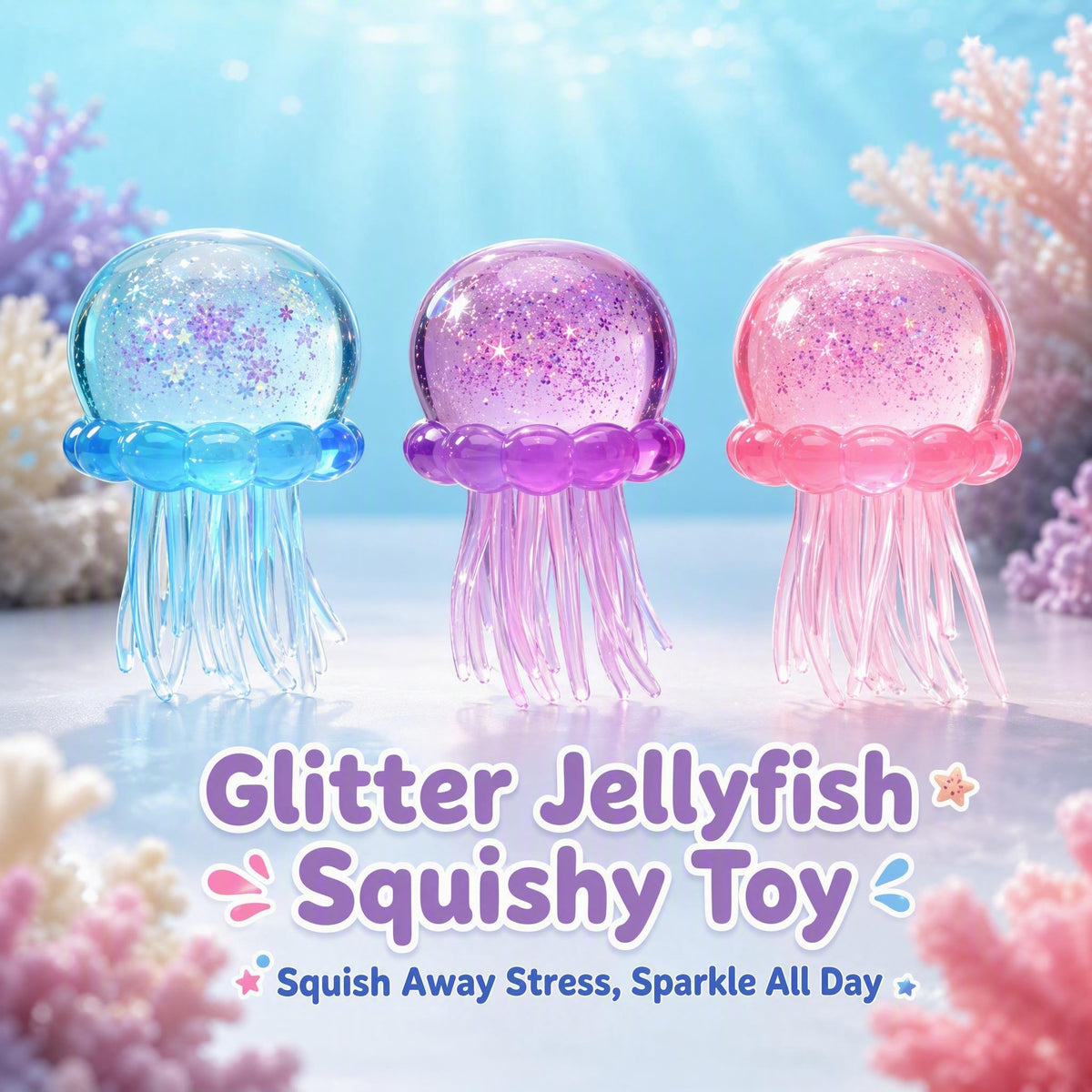 Jellyfish Squishy Toy – Sparkling Glitter-Filled Quick-Rebound Stress Relief Squeeze Toy (Blue / Purple / Pink)