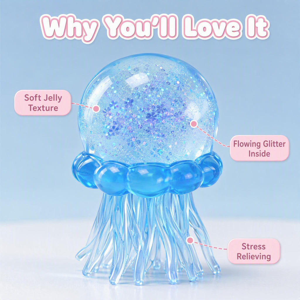 Jellyfish Squishy Toy – Sparkling Glitter-Filled Quick-Rebound Stress Relief Squeeze Toy (Blue / Purple / Pink)