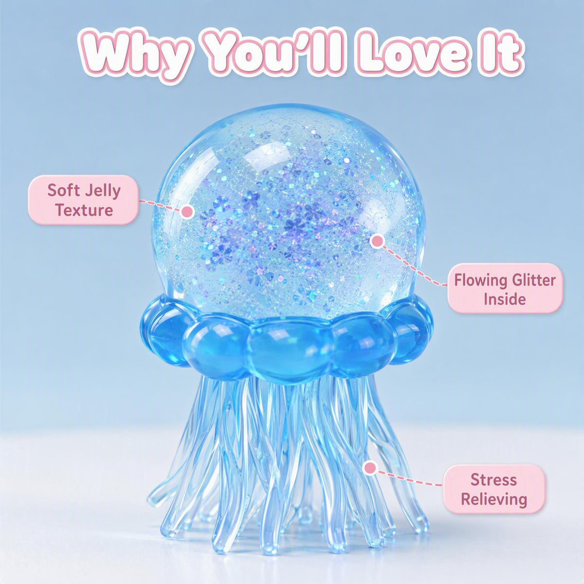 Jellyfish Squishy Toy – Sparkling Glitter-Filled Quick-Rebound Stress Relief Squeeze Toy (Blue / Purple / Pink)