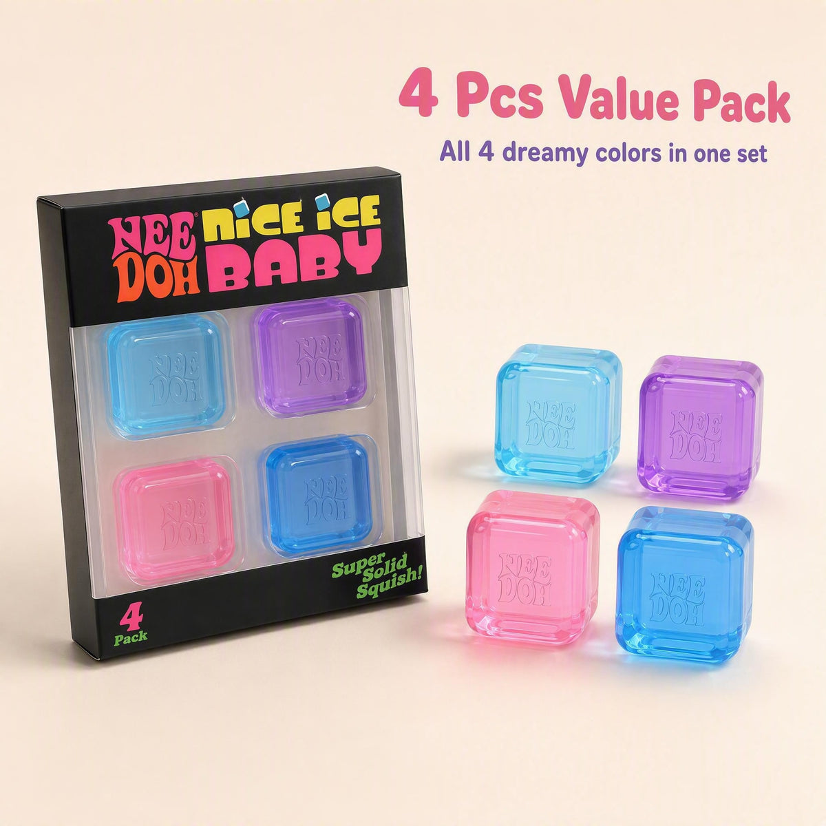 Ice Cube Squishy Toy – Crystal-Clear Jelly-Like Quick-Rebound Stress Relief Squeeze Set (4 Cubes, 4 Colors)